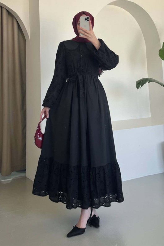 Brode Detaylı Bebe Yaka Elbise Siyah 1003-1