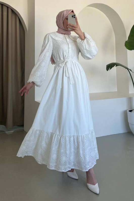 Brode Detaylı Bebe Yaka Elbise Beyaz 1003-1