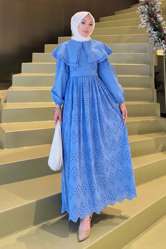 Yaka Detaylı Dantelli Elbise Mavi 1421