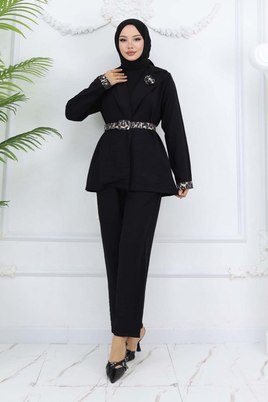 Leopar Desenli Kemerli Ceket Pantolon Takım Siyah 4718