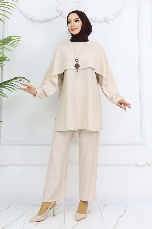 Yaka Detaylı Kolyeli Tesettür Takım Taş Rengi 4808 Yaka Detaylı Kolyeli Tesettür Takım Taş Rengi 4808