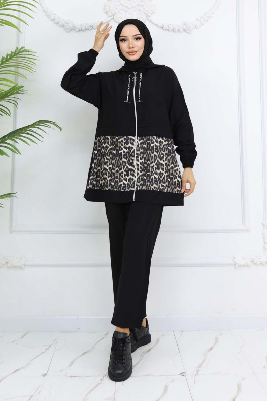Zincirli Leopar Desenli Takım Siyah 4748 Zincirli Leopar Desenli Takım Siyah 4748