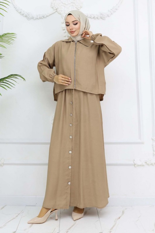 Fermuar Ceketli Elbise Takım Bej 4807