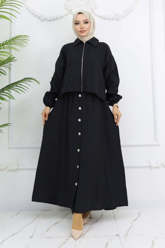 Fermuar Ceketli Elbise Takım Siyah 4807