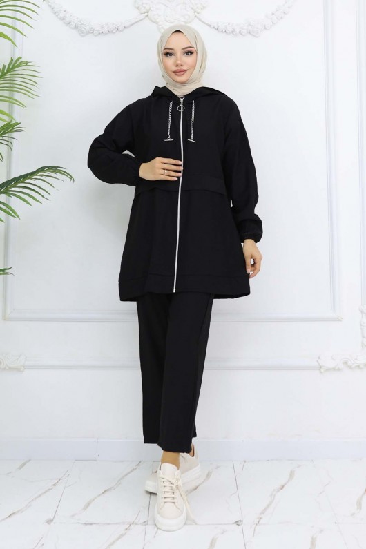 Zincir Detaylı Tesettür Takım Siyah 4760