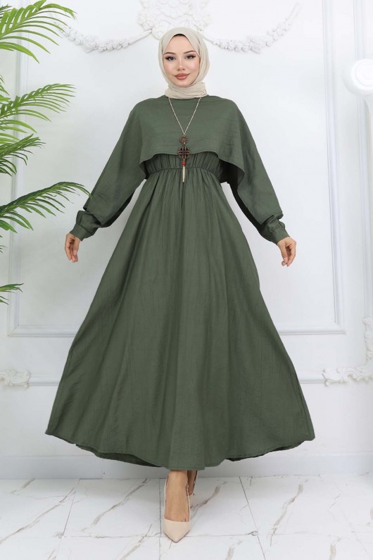 Yaka Detaylı Kolyeli Elbise Haki 4809