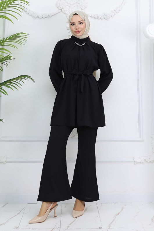 Zincir Detaylı Tesettür Takım Siyah 4767