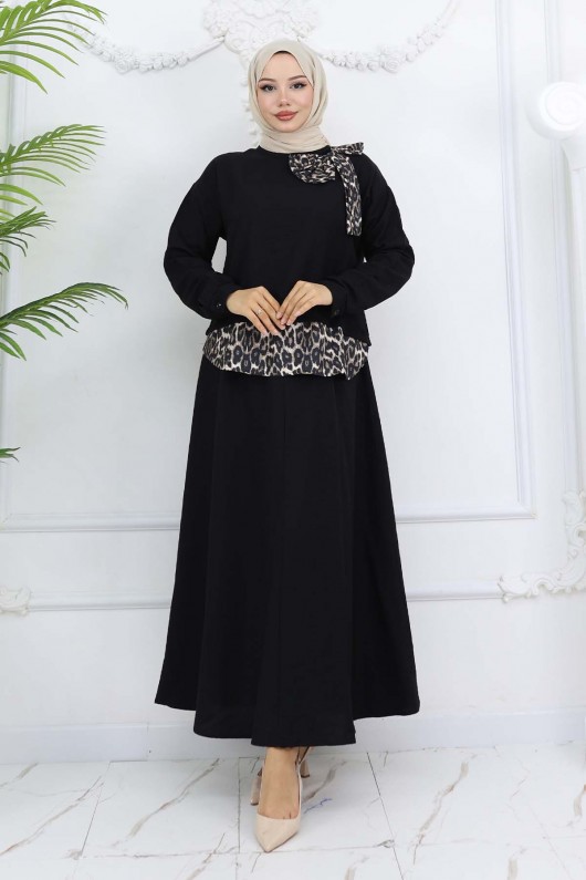 Kurdele Detaylı Leopar Desenli Takım Siyah 4804
