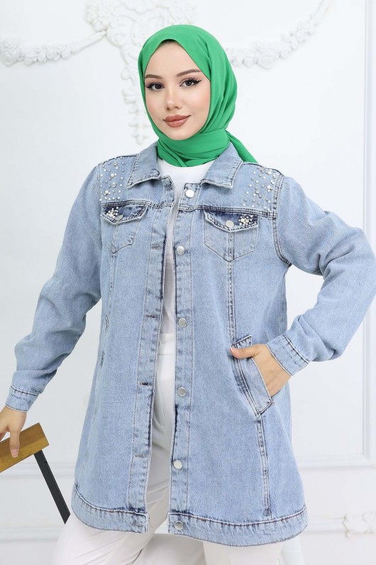 İnci Detaylı Kot Ceket Mavi 7807