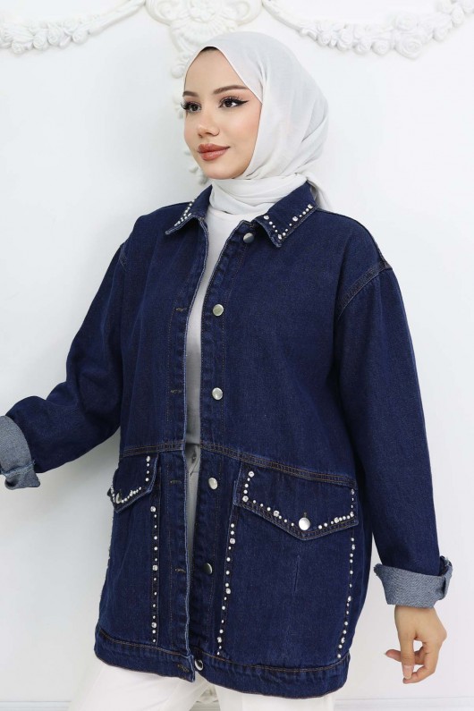 Taş İşlemeli Cepli Kot Ceket Lacivert 7902