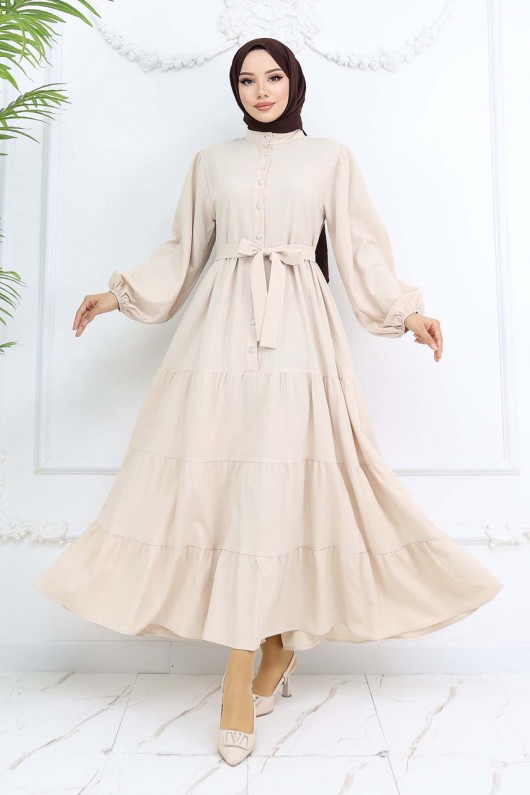 Taşlı Düğmeli Hakim Yaka Tesettür Elbise Taş Rengi 2268 Taşlı Düğmeli Hakim Yaka Tesettür Elbise Taş Rengi 2268