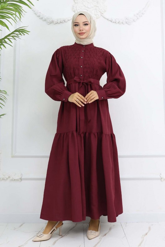 Kuşaklı Tesettür Elbise Bordo 2247 Kuşaklı Tesettür Elbise Bordo 2247