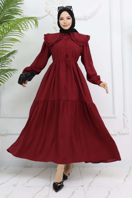 Bebe Yaka Önü Düğmeli Elbise Bordo 2274 Bebe Yaka Önü Düğmeli Elbise Bordo 2274