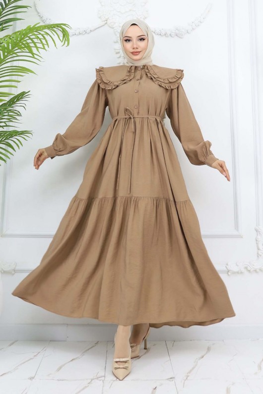 Bebe Yaka Önü Düğmeli Elbise Taba 2274 Bebe Yaka Önü Düğmeli Elbise Taba 2274