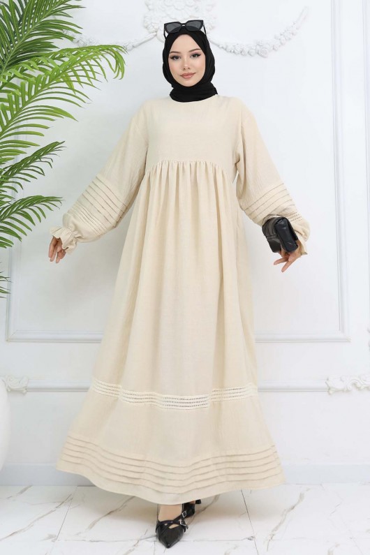 Nervür Detaylı Tesettür Elbise Taş Rengi 2207 Nervür Detaylı Tesettür Elbise Taş Rengi 2207