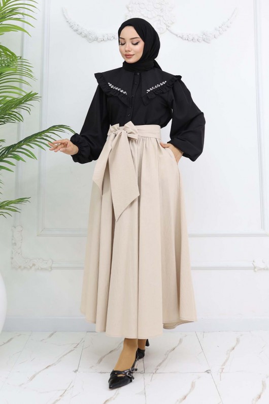 Fiyonk Detaylı Kloş Etek Taş Rengi 2197