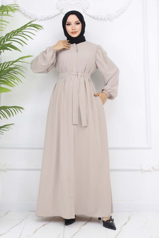 Gizli Fermuarlı Kuşaklı Ferace Taş Rengi 1003