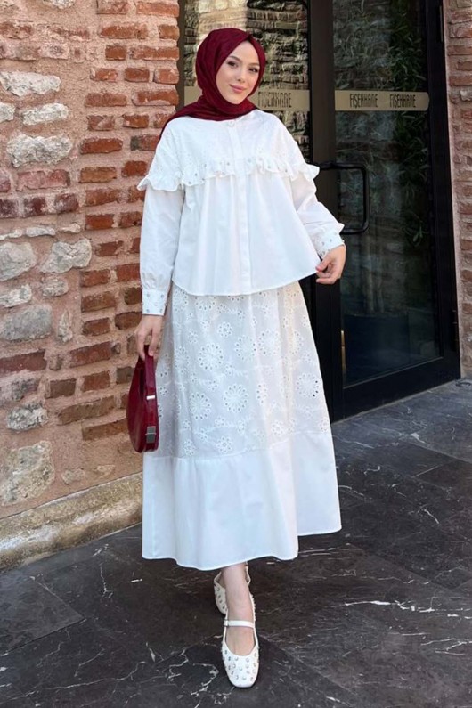 Taş Detaylı Brode Etekli Takım Beyaz 3007