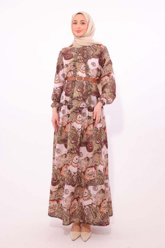 Desenli Kemerli Elbise Haki 4830 Desenli Kemerli Elbise Haki 4830
