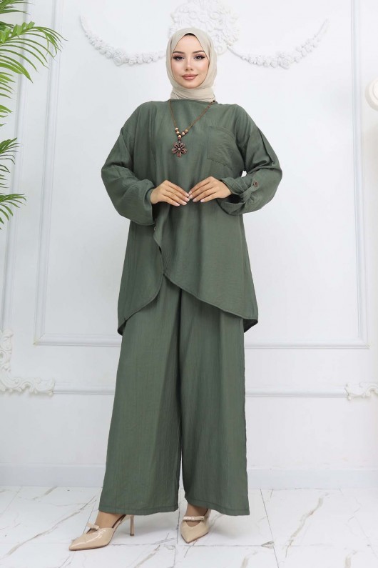 Düğme Detaylı Kolyeli İkili Takım Haki 4782