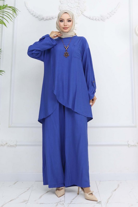 Düğme Detaylı Kolyeli İkili Takım Saks Mavisi 4782