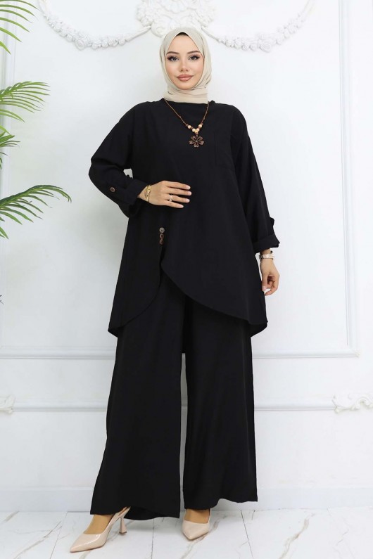 Düğme Detaylı Kolyeli İkili Takım Siyah 4782