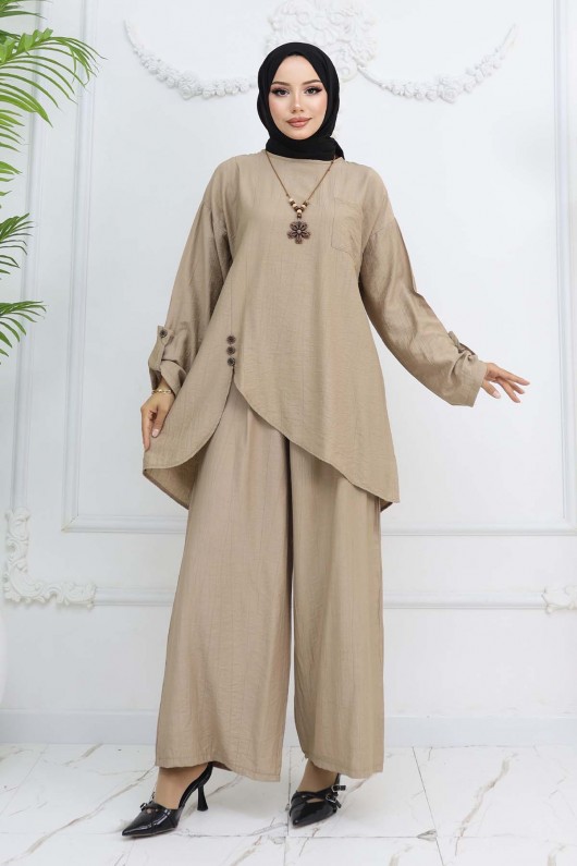 Düğme Detaylı Kolyeli İkili Takım Vizon 4782