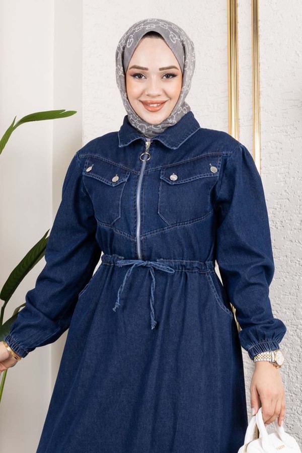 Beli Bağcıklı Cepli Kot Elbise Lacivert 6116 Beli Bağcıklı Cepli Kot Elbise Lacivert 6116