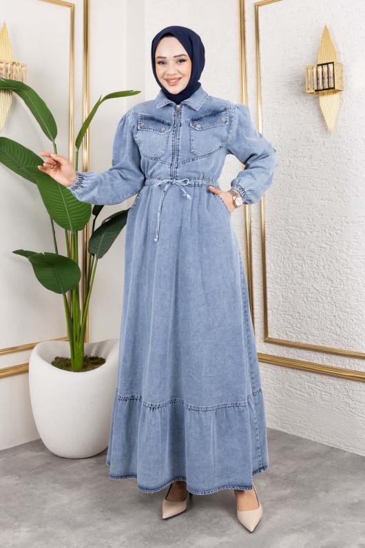 Beli Bağcıklı Cepli Kot Elbise Mavi 6116 Beli Bağcıklı Cepli Kot Elbise Mavi 6116