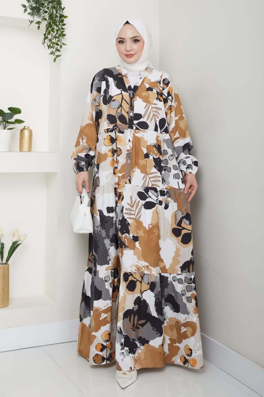 Desenli Tesettür Elbise Bej 4731 Desenli Tesettür Elbise Bej 4731