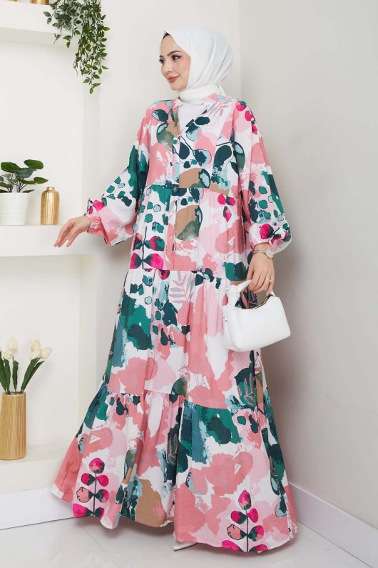 Desenli Tesettür Elbise Pembe 4731 Desenli Tesettür Elbise Pembe 4731