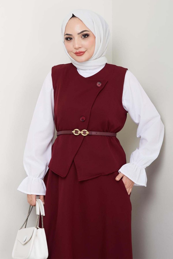 Yelekli Etek Takım Bordo 5704