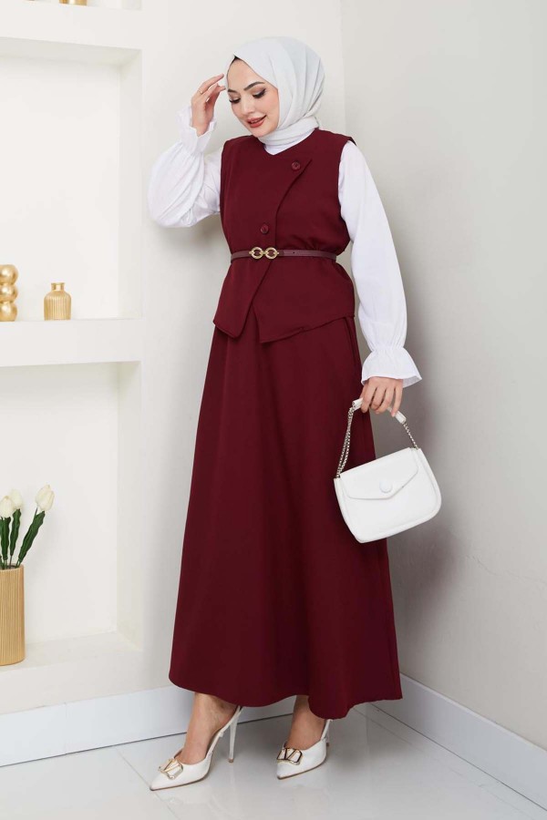Yelekli Etek Takım Bordo 5704