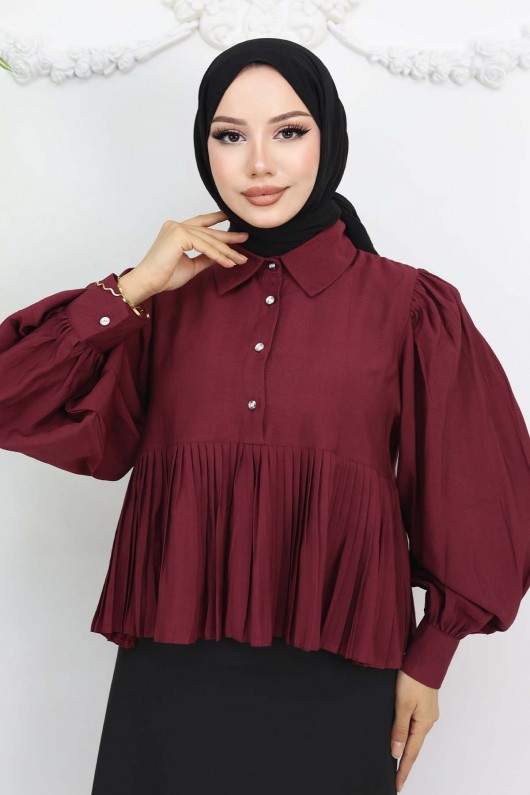Pileli Kısa Gömlek Bordo 2248