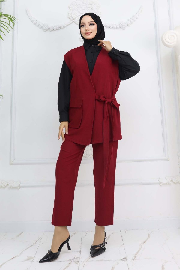 Bağlamalı Yelek Pantolon Takım Bordo 2243 Bağlamalı Yelek Pantolon Takım Bordo 2243