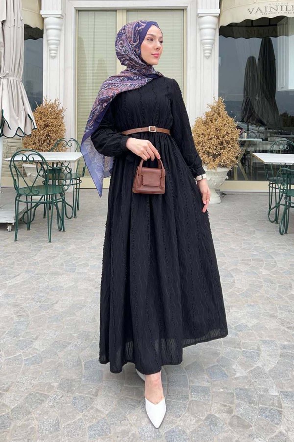 Güpür Detaylı Tesettür Elbise Siyah 1008-1 Güpür Detaylı Tesettür Elbise Siyah 1008-1