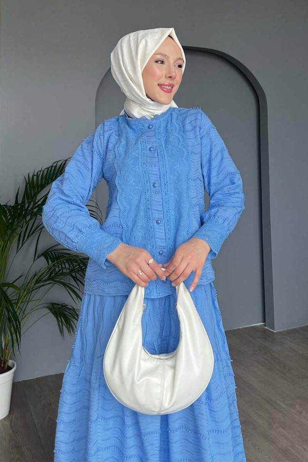Güpür Detaylı Brode Takım Mavi 3001 Güpür Detaylı Brode Takım Mavi 3001