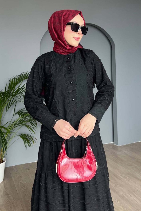 Güpür Detaylı Brode Takım Siyah 3001