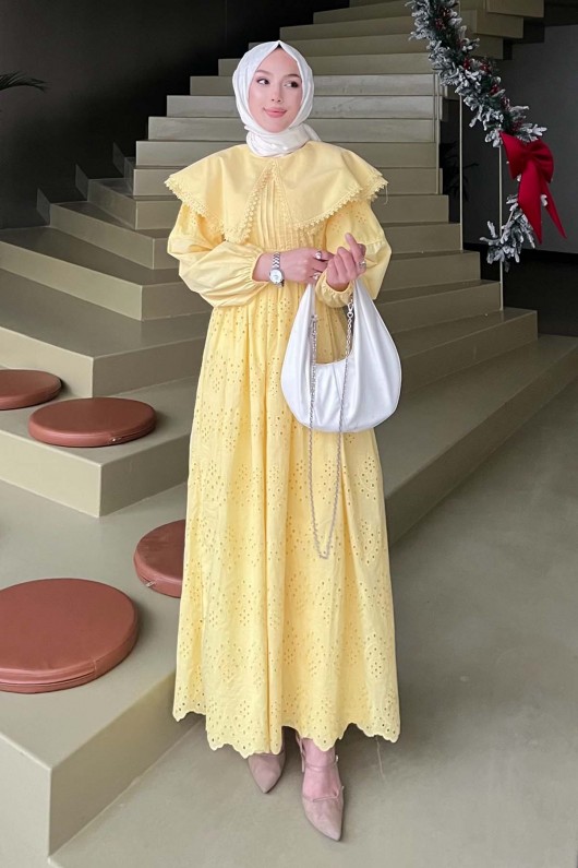 Yaka Detaylı Dantelli Elbise Sarı 1421