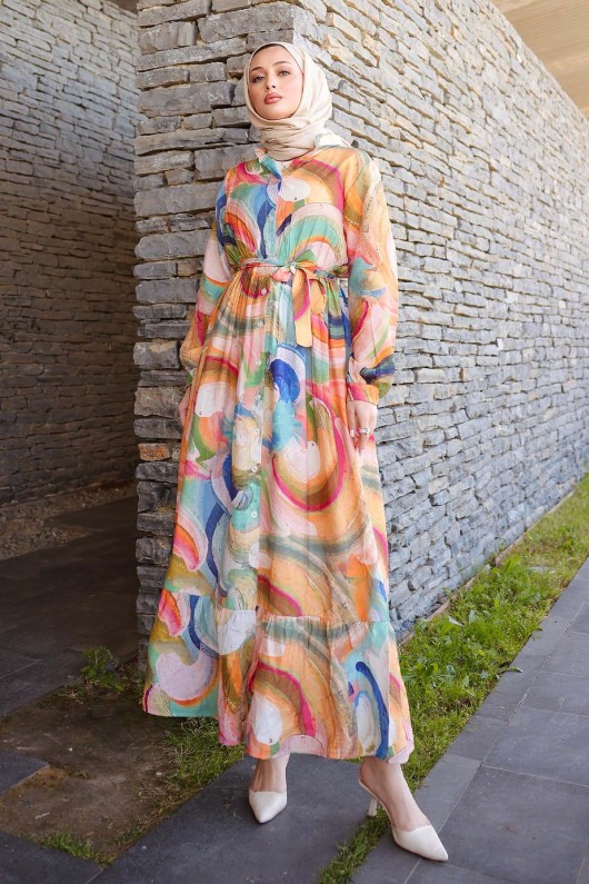 Desenli Tesettür Elbise Hardal 4884 Desenli Tesettür Elbise Hardal 4884