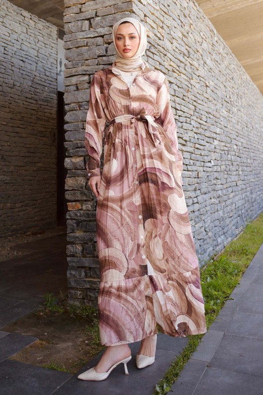 Desenli Tesettür Elbise Kahverengi 4884 Desenli Tesettür Elbise Kahverengi 4884