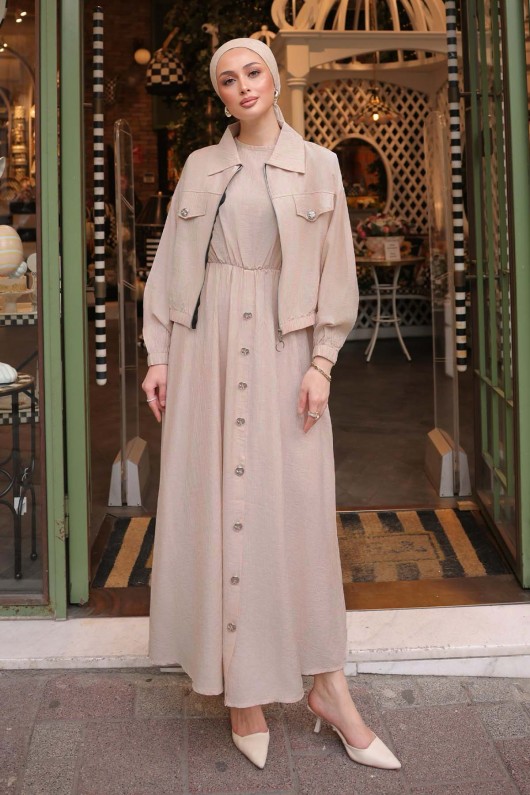 Ceketli Jile Elbise Bej 4842