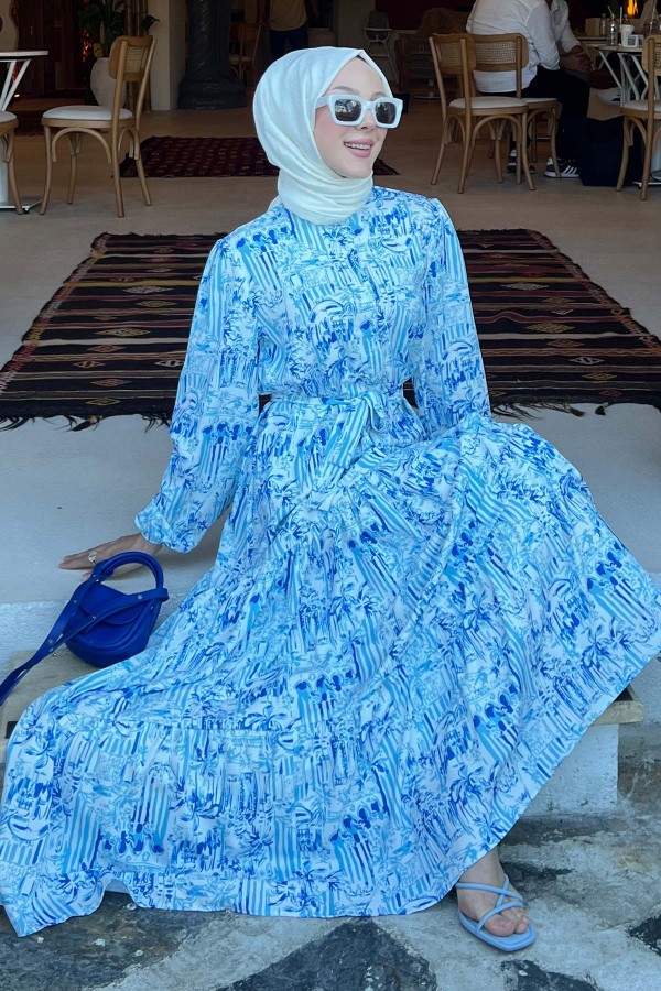 Desenli Tesettür Elbise Mavi 501 Desenli Tesettür Elbise Mavi 501