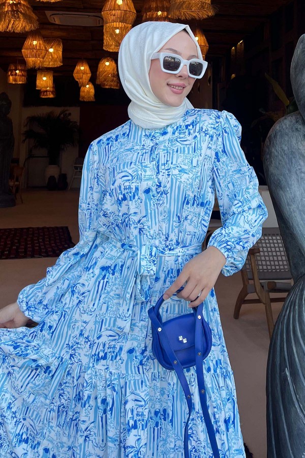 Desenli Tesettür Elbise Mavi 501 Desenli Tesettür Elbise Mavi 501