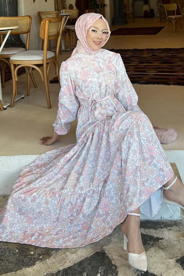 Çiçek Desenli Tesettür Elbise Pudra 502 Çiçek Desenli Tesettür Elbise Pudra 502