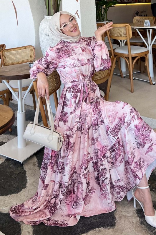 Desenli Tesettür Elbise Bordo 505 Desenli Tesettür Elbise Bordo 505