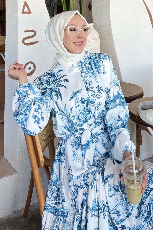 Desenli Tesettür Elbise Lacivert 506 Desenli Tesettür Elbise Lacivert 506