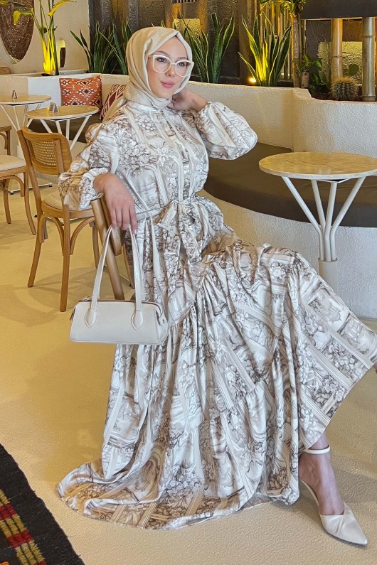 Desenli Tesettür Elbise Bej 507 Desenli Tesettür Elbise Bej 507