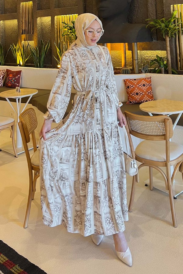 Desenli Tesettür Elbise Bej 507 Desenli Tesettür Elbise Bej 507