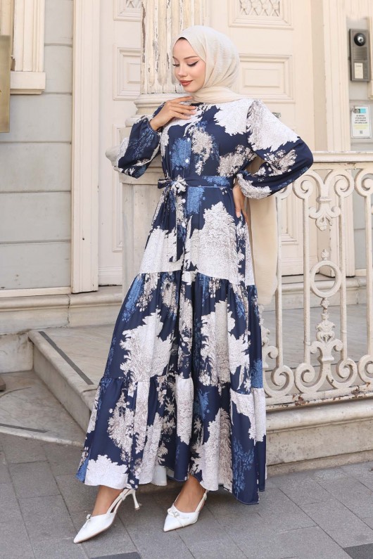 Desenli Tesettür Elbise Lacivert 508  Desenli Tesettür Elbise Lacivert 508
